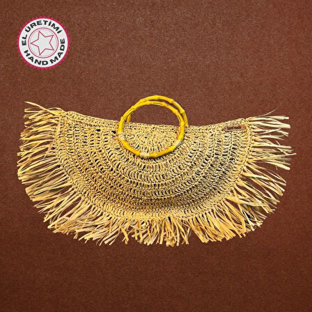 Uretti - Ayşe 4723 7638 El Örgüsü Rafya İp Ahşap Saplı ve Püsküllü Kahverengi Clutch El Çantası