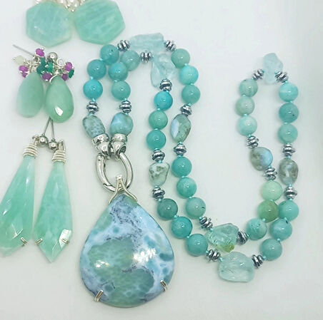 2440 Larimar Amazonit obsidyen Hematit el yapımı düğümlü kolye
