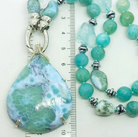 2440 Larimar Amazonit obsidyen Hematit el yapımı düğümlü kolye