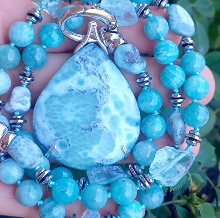 2440 Larimar Amazonit obsidyen Hematit el yapımı düğümlü kolye