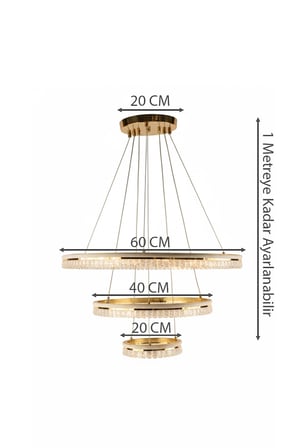 Şık Gold Kaplama 3 Katlı Silikonlu Kristalize Halka Serisi Formu Modern Led Sarkıt