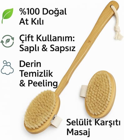 Ahşap Sırt Fırçası – Uzun Saplı Doğal Kıllı Banyo ve Duş Fırçası, Çıkarılabilir El Fırçası, Kuru Fırçalama ve Vücut Bakımı İçin
