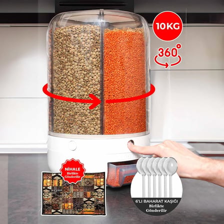 Bakliyat Organizeri, Bakliyat Saklama Kabı, 10 Kg Kapasiteli Styles Gıda Ve Bakliyat Saklama Kabı 6 Gözlü (10KG)