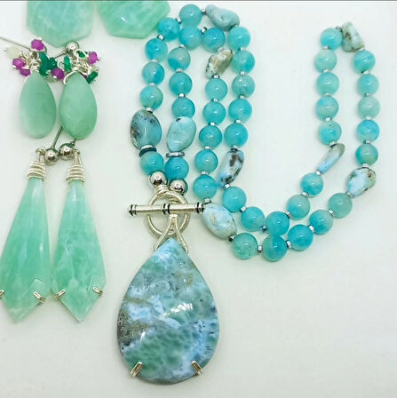 2441 Larimar Amazonit Hematit el yapımı kolye