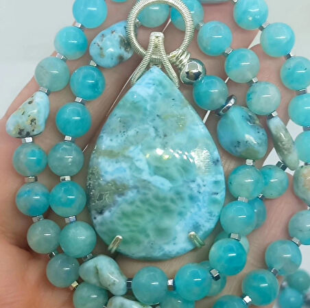 2441 Larimar Amazonit Hematit el yapımı kolye
