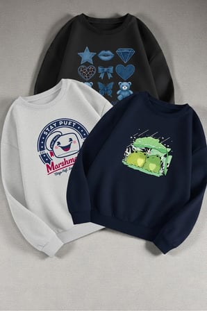Çok Renkli Baskılı & Baskısız Sweatshirt 3'lü Fırsat Paketi
