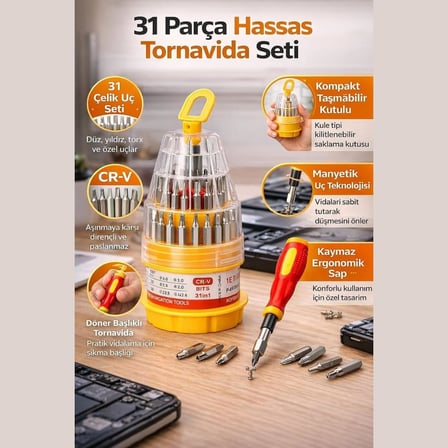 Tornavida Seti 31 Parça Hassas, CR-V Çelik Uçlu Bit Seti, Manyetik Uçlu Mini Tornavida Takımı, Telefon, Laptop, Elektronik Cihaz, Oyuncak Ve Saat Tamiri İçin Çok Amaçlı Tamir Seti
