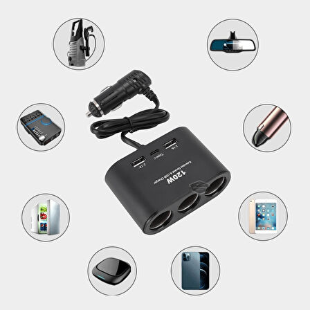 Üniversal 3 lü Çakmak Soketi 120W Çakmaklık Çoğaltıcı 2 Usb 1 Type-c Araç Şarj Cihazı Çakmaklık Şarj Çakmak Çoklayıcı 12v/24v