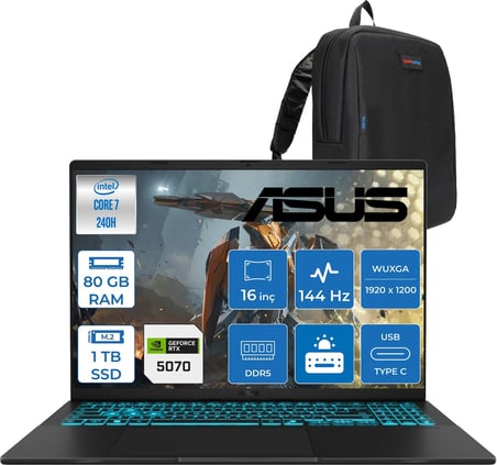 Asus Vivobook V16 2.nesil Core 7 240H Aı 80GB Ddr5 1tb SSD RTX5070/8GB 16.0-Inch, Wuxga (1920 x 1200) 300NITS 144Hz  Freedos Gaming Bilgisayar WV3607VPF28+ZETTAÇANTA