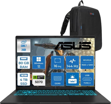 Asus Vivobook V16 2.nesil Core 7 240H Aı 80GB Ddr5 4tb SSD RTX5070/8GB 16.0-Inch, Wuxga (1920 x 1200) 300NITS 144Hz  WIN11PRO Gaming Bilgisayar WV3607VPP30+ZETTAÇANTA