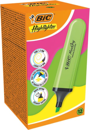 Bic Marking Flat Higlighter Fosforlu Kalem 12'Li Kutu, Yeşil Fosforlu Kalem, Su Bazlı, Hızlı Kuruyan Mürekkep
