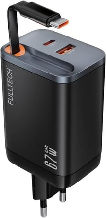 67W Pro 1 Usb-A,1 Usb-C Port 1 Usb-C Kablo Çoklu Usb Şarj Cihazı 2 Port Hızlı Akıllı Priz Siyah