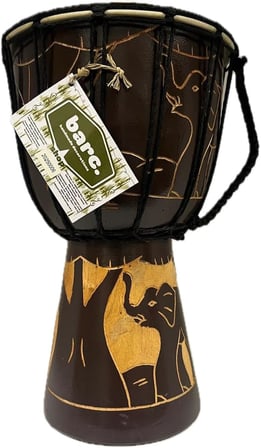 BARC Ahşap Djembe, 30 cm, Mahoni Ağacı ve Keçi Derisi, Otantik Çalgı, Model 006, Fil Figürlü, Dekoratif Davul