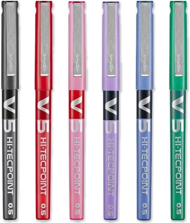 PILOT V5 Hi-Tecpoint Roller Kalem - İnce 0,5 mm Uç Ucu - 0,3 mm Çizgi Genişliği - 6'lı Paket - Siyah, Mavi, Kırmızı, Yeşil, Mor ve Pembe