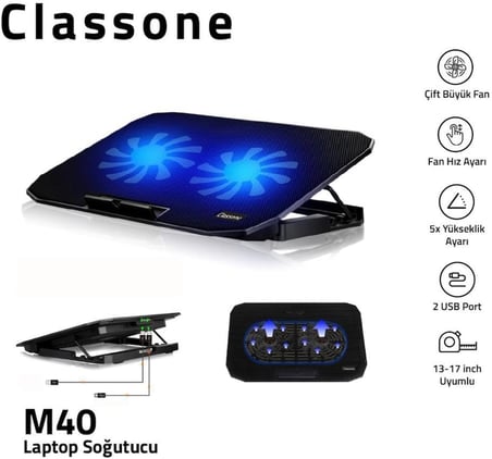 M40 Gaming Laptop Soğutucu Notebook Standı, Mavi Led,14-15.6-17 inch uyumlu, 2 Fan, 2 Usb