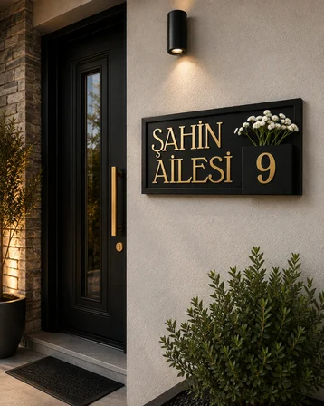 Kişiye Özel Gri Ahşap Çerçeveli Aile Ismi ve Kapı Numarası Tabelası – Dekoratif Kapı Süs