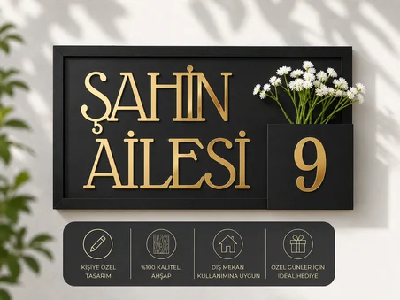 Kişiye Özel Gri Ahşap Çerçeveli Aile Ismi ve Kapı Numarası Tabelası – Dekoratif Kapı Süs