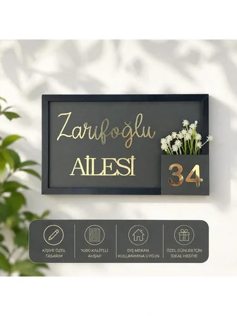 Kişiye Özel Gri Ahşap Çerçeveli Aile Ismi ve Kapı Numarası Tabelası – Dekoratif Kapı Süs