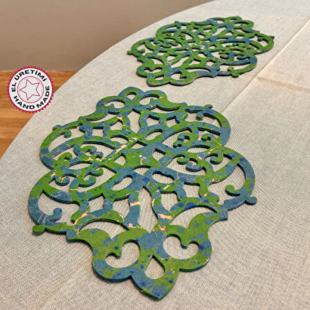Uretti - Gülin 6449 - Ebru Sanatı İle Elde Yapılmış Lazer Kesim Keçe Supla 2li Takım 40cm -  Yeşil