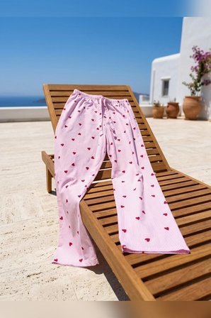 Büyük Beden Tek Alt Pijama Yumuşak Milan Kumaş İpli Bel Beyaz Çizgili Kalpli Pijama Loungewear Pantolon