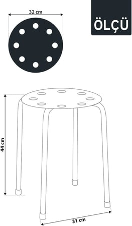 ® Metal Ayaklı Plastik Tabure 44 cm - Minimalist Yuvarlak Mutfak ve Balkon Taburesi, Üst Üste İstiflenebilir Ergonomik Delikli Ev Taburesi, Gri/Antrasit
