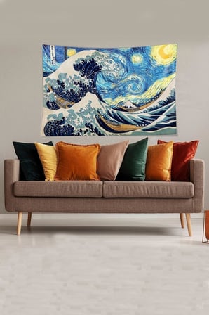 Ontheclouds Mavi-Beyaz Katsushika Hokusai Serisi Leke Tutmaz Kadife Kumaş Duvar Örtüsü Duvar Halısı Tapestry, 70 x 100