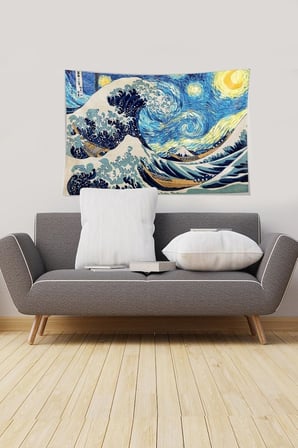 Ontheclouds Mavi-Beyaz Katsushika Hokusai Serisi Leke Tutmaz Kadife Kumaş Duvar Örtüsü Duvar Halısı Tapestry, 70 x 100