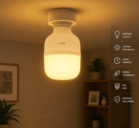 Ecolite Jumbo LED Ampul 28W (172W Eşdeğer) - E27 Duy, 3000K Sarı Işık, 2900 Lümen, Enerji Tasarruflu LED Lamba, 149x100mm, AC 220V, Dimmer Uyumlu Değil