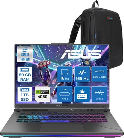 Asus Rog Strix G16 G614JVR 14. Nesil Intel I9-14900HX 80GB Ddr5 1tb SSD RTX4060/8GB 140W 16 Inç (1920 x 1200, Wuxga) 165Hz IPS Freedos Gaming Bilgisayar WN3095F28+ZETTAÇANTA