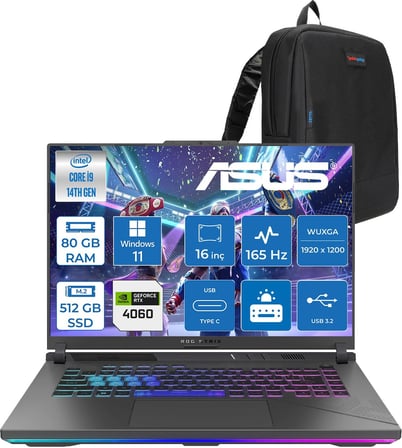 Asus Rog Strix G16 G614JVR 14. Nesil Intel I9-14900HX 80GB Ddr5 512GB SSD RTX4060/8GB 140W 16 Inç (1920 x 1200, Wuxga) 165Hz IPS WIN11HOME Gaming Bilgisayar WN3095H27+ZETTAÇANTA