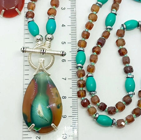 2446 Madagaskar Akik Garnet Turkuaz Hematit düğümlü el yapımı kolye