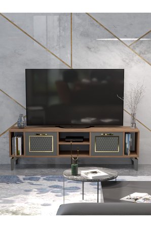 TV Sehpası 160 cm Modern Çok Amaçlı Dolaplı Raflı Televizyon Ünitesi Linya 5041 Antrasit Gümüş Atlantik