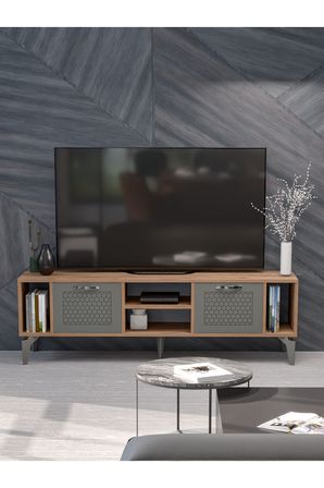 TV Sehpası 160 cm Modern Çok Amaçlı Dolaplı Raflı Televizyon Ünitesi Linya 5041 Antrasit Çam Gümüş