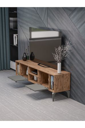 TV Sehpası 160 cm Modern Çok Amaçlı Dolaplı Raflı Televizyon Ünitesi Linya 5041 Antrasit Çam Gümüş
