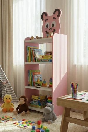 Çocuk Kitaplık Happy Face 4 Raflı – Sevimli Figürlü Düzenleyici Raf Sistemi