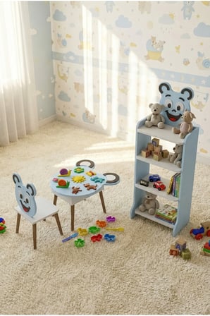 Çocuk Mobilya Seti Happy Face – Masa,Sandalye ve 4 Raflı Kitaplık – Sevimli Figürlü 