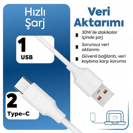 USB to Type-C ile Uyumlu iPhone ve Samsung ile Uyumlu Hızlı Şarj ve Data Kablosu 200 cm (Beyaz)