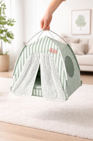 Katlanabilir Yazlık Kedi Evi File Panelli Taşınabilir Minderli Evcil Hayvan Çadırı 35x35x35 cm İç Minderli Nefes Alabilir Taşınabilir Kedi Köpek Evi Konforlu Uyku Alanı (Yeşil)