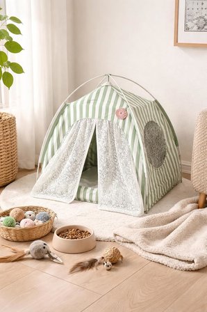 Katlanabilir Yazlık Kedi Evi File Panelli Taşınabilir Minderli Evcil Hayvan Çadırı 35x35x35 cm İç Minderli Nefes Alabilir Taşınabilir Kedi Köpek Evi Konforlu Uyku Alanı (Yeşil)