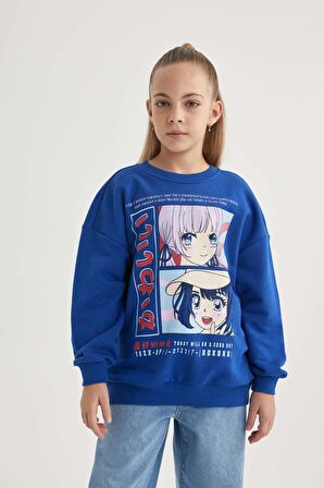 DeFacto Kız Çocuk Relax Fit Bisiklet Yaka Baskılı Sweatshirt B4673A823WNBE169