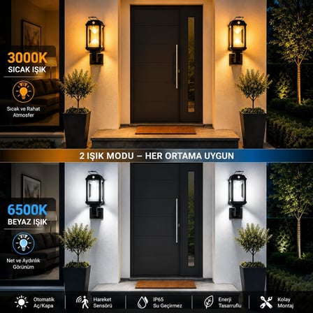 Panter 2'li Solar Hareket Sensörlü Led Bahçe Lambası, Solar Duvar Aplik Fener, Şarjlı Güneş Enerjili Dış Mekan Aydınlatma, Beyaz Gün Işığı Modlu, 300 LM, Kazıklı, Asılabilir, Balkon Teras Villa Girişi