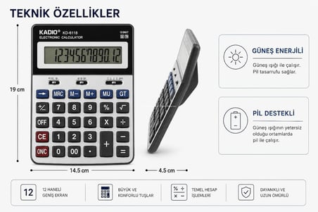 Hesap Makinesi, 12 Haneli, Büyük LCD Ekranlı, Güneş Enerjili, Pil Destekli, Otomatik Kapanmalı, Masaüstü, Ofis, Muhasebe, Okul Hesap Makinesi (Büyük Boy)