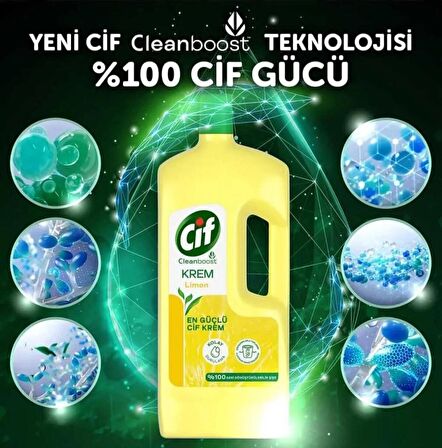 Cif Krem Yüzey Temizleyici Limon Kokulu Yağ Ve Kireç Sökücü Leke Çıkarıcı 1500 ml