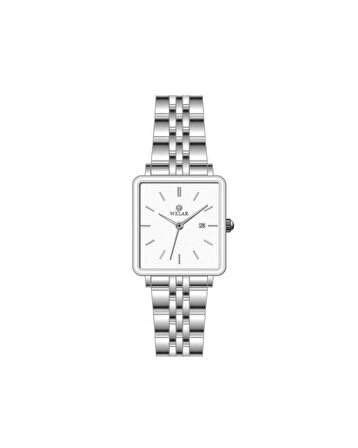 WEL3460-1 Kare Tasarımı Beyaz Kadran ve Gümüş Renk Kordon Paslanmaz Çelik Kadın Kol Saati
