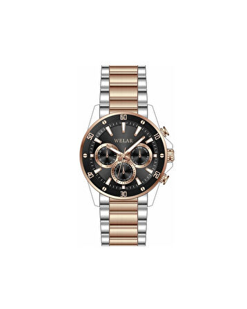 WEL3418-4 Fonksiyonlu Rose Gümüş Kordon ve Siyah Kadran Çelik Erkek Kol Saati