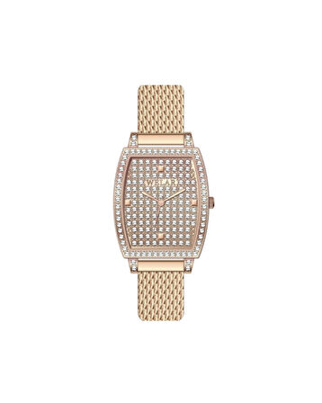 WEL3362-3 Dikdörtgen Kasa Tasarımı Taşlı Rose Kadran ve Rose Kaplama Hasır Kordon Kadın Kol Saati