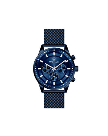 WEL3920-7 Fonksiyonlu Lacivert Kadran ve Kordon Paslanmaz Çelik Hasır Erkek Kol Saati