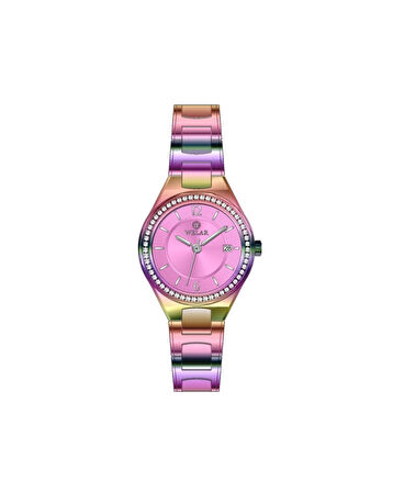 WEL2403-BZ05 Orjinal Taşlı Kasa Tasarımı Pembe Kadran ve Çok Renkli Kordon Paslanmaz Çelik Kadın Kol Saati