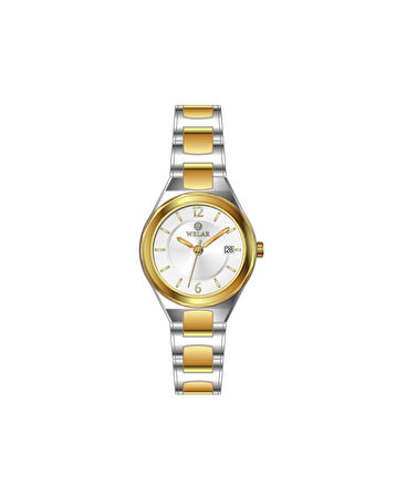 WEL2403-1 Orjinal Beyaz Kadran Gold/Gümüş Renk Kordon Paslanmaz Çelik Kadın Kol Saati