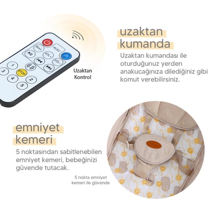 Huggy Pie Yenidoğandana Uygun Otomatik Sallanabilir Kumandalı Müzikli Ana Kucağı
